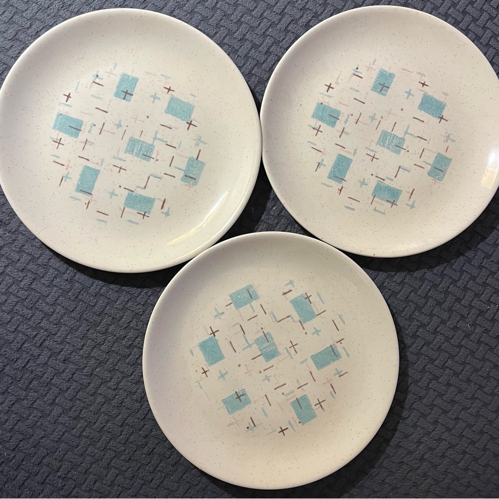 3 MCM Atomic Collectable Vernon Kilns Heavenly Days 7 1/2 Salad Plates